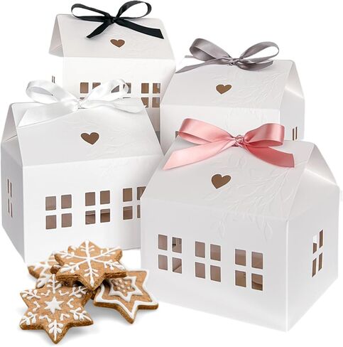 20 Pcs Classic House Shaped Gift Boxes with Neutral Ribbons for Treats, Desserts, Fancy Cookie, White Gable Bakery Packaging in Saudi Arabia