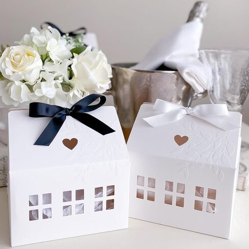 20 Pcs Classic House Shaped Gift Boxes with Neutral Ribbons for Treats, Desserts, Fancy Cookie, White Gable Bakery Packaging in Saudi Arabia