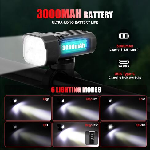 Bike Light for Night Riding,2000 Lumens Bicycle Front Headlight and Back Taillight with 6+5 Modes,3000mAh USB-C Rechargeable Waterproof LED Bright Bike Headlights for Cyclists and Commuters in Kuwait
