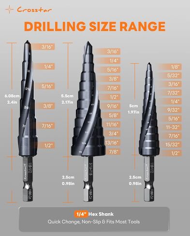 Crosstar M35 Bit Cobalt Step Stev Set ، 3pcs tialn مغلفة مع مزدوج المزامير دوامة ، 1/8 "إلى 7/8" سداسي ، للمعادن ، الفولاذ المقاوم للصدأ ، الألومنيوم ، الخشب ، البلاستيك - التأثير جاهز in Saudi Arabia