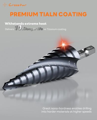 Crosstar M35 Bit Cobalt Step Stev Set ، 3pcs tialn مغلفة مع مزدوج المزامير دوامة ، 1/8 "إلى 7/8" سداسي ، للمعادن ، الفولاذ المقاوم للصدأ ، الألومنيوم ، الخشب ، البلاستيك - التأثير جاهز in Saudi Arabia