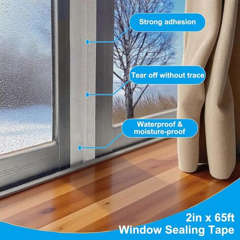 Window Weather Sealing Tape, 2 Inch x 65 FT White Window AC Isolation Waterproof Air Conditioner Seal Tape Can Keep Out Cold Air Rain Wind Dust Smog, No Residue in Kuwait