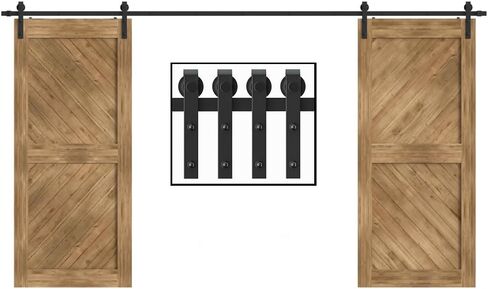 WINSOON 8FT Barn Door Hardware Kit: Double Sliding Door Hardware - Heavy Duty Black Barn Door Track Kit - Carbon Steel Sliding Barn Door Rail - J-Shape Easy to Install for 48" Closet Panel(No Door) in Kuwait