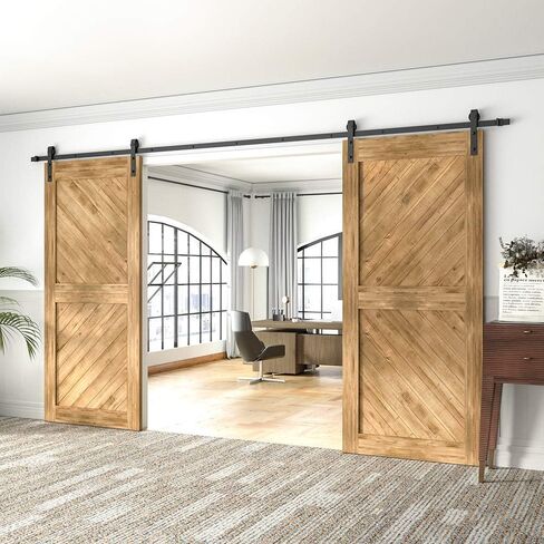 WINSOON 8FT Barn Door Hardware Kit: Double Sliding Door Hardware - Heavy Duty Black Barn Door Track Kit - Carbon Steel Sliding Barn Door Rail - J-Shape Easy to Install for 48" Closet Panel(No Door) in Kuwait