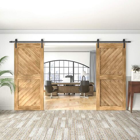 WINSOON 8FT Barn Door Hardware Kit: Double Sliding Door Hardware - Heavy Duty Black Barn Door Track Kit - Carbon Steel Sliding Barn Door Rail - J-Shape Easy to Install for 48" Closet Panel(No Door) in Kuwait