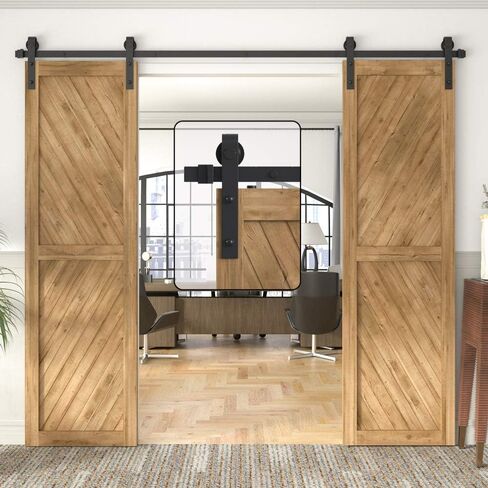 WINSOON 8FT Barn Door Hardware Kit: Double Sliding Door Hardware - Heavy Duty Black Barn Door Track Kit - Carbon Steel Sliding Barn Door Rail - J-Shape Easy to Install for 48" Closet Panel(No Door) in Kuwait