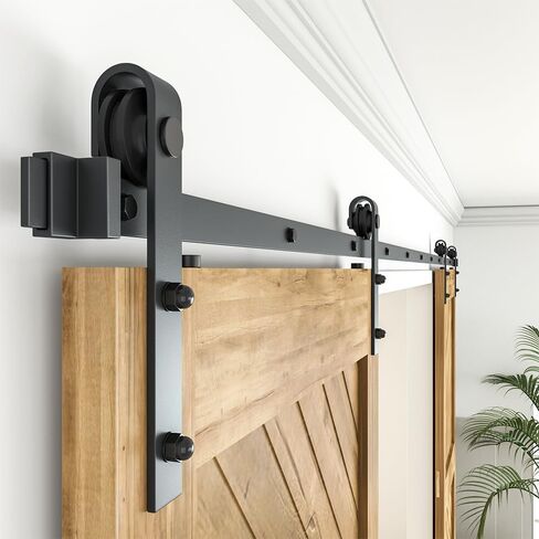 WINSOON 8FT Barn Door Hardware Kit: Double Sliding Door Hardware - Heavy Duty Black Barn Door Track Kit - Carbon Steel Sliding Barn Door Rail - J-Shape Easy to Install for 48" Closet Panel(No Door) in Kuwait