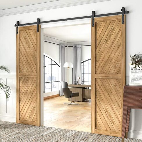 WINSOON 8FT Barn Door Hardware Kit: Double Sliding Door Hardware - Heavy Duty Black Barn Door Track Kit - Carbon Steel Sliding Barn Door Rail - J-Shape Easy to Install for 48" Closet Panel(No Door) in Kuwait