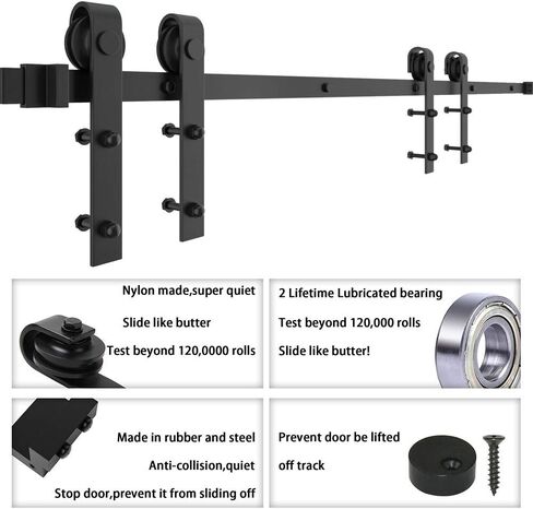 WINSOON 8FT Barn Door Hardware Kit: Double Sliding Door Hardware - Heavy Duty Black Barn Door Track Kit - Carbon Steel Sliding Barn Door Rail - J-Shape Easy to Install for 48" Closet Panel(No Door) in Kuwait