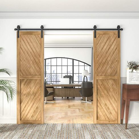WINSOON 8FT Barn Door Hardware Kit: Double Sliding Door Hardware - Heavy Duty Black Barn Door Track Kit - Carbon Steel Sliding Barn Door Rail - J-Shape Easy to Install for 48" Closet Panel(No Door) in Kuwait