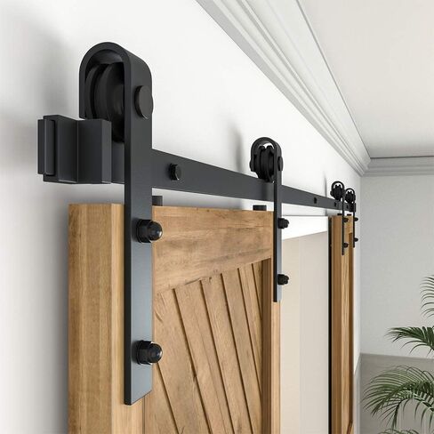 WINSOON 8FT Barn Door Hardware Kit: Double Sliding Door Hardware - Heavy Duty Black Barn Door Track Kit - Carbon Steel Sliding Barn Door Rail - J-Shape Easy to Install for 48" Closet Panel(No Door) in Kuwait