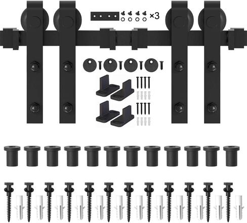 WINSOON 8FT Barn Door Hardware Kit: Double Sliding Door Hardware - Heavy Duty Black Barn Door Track Kit - Carbon Steel Sliding Barn Door Rail - J-Shape Easy to Install for 48" Closet Panel(No Door) in Kuwait