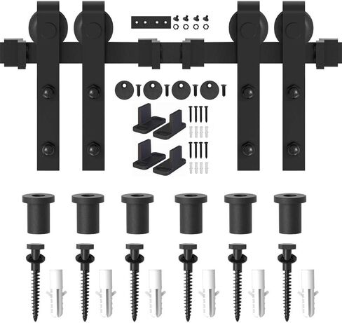 WINSOON 8FT Barn Door Hardware Kit: Double Sliding Door Hardware - Heavy Duty Black Barn Door Track Kit - Carbon Steel Sliding Barn Door Rail - J-Shape Easy to Install for 48" Closet Panel(No Door) in Kuwait