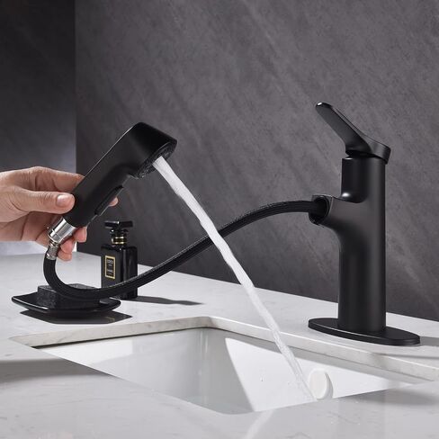 Bathroom Sink Faucet with Pull Down Sprayer, Single Handle Faucet Fits 1 or 3 Hole Installation, 4" Deck Plate Dual Spray Mode Vessel Sink Faucet Matte Black in Saudi Arabia