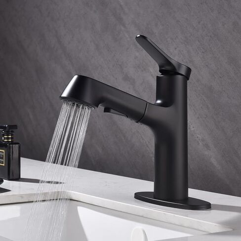 Bathroom Sink Faucet with Pull Down Sprayer, Single Handle Faucet Fits 1 or 3 Hole Installation, 4" Deck Plate Dual Spray Mode Vessel Sink Faucet Matte Black in Saudi Arabia