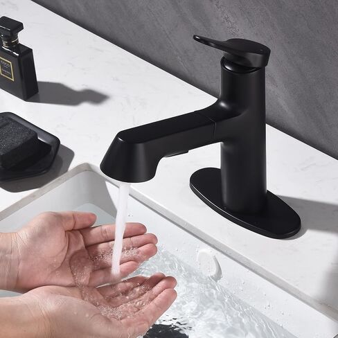 Bathroom Sink Faucet with Pull Down Sprayer, Single Handle Faucet Fits 1 or 3 Hole Installation, 4" Deck Plate Dual Spray Mode Vessel Sink Faucet Matte Black in Saudi Arabia