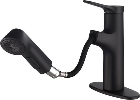 Bathroom Sink Faucet with Pull Down Sprayer, Single Handle Faucet Fits 1 or 3 Hole Installation, 4" Deck Plate Dual Spray Mode Vessel Sink Faucet Matte Black in Saudi Arabia