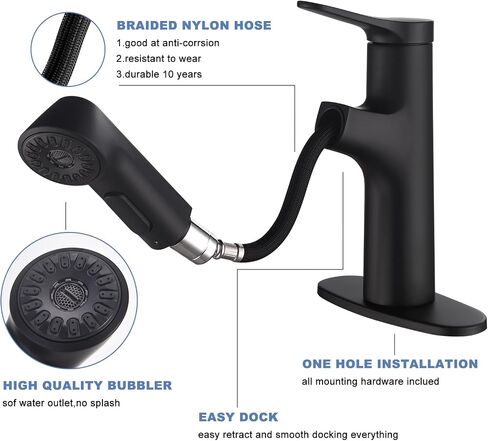 Bathroom Sink Faucet with Pull Down Sprayer, Single Handle Faucet Fits 1 or 3 Hole Installation, 4" Deck Plate Dual Spray Mode Vessel Sink Faucet Matte Black in Saudi Arabia