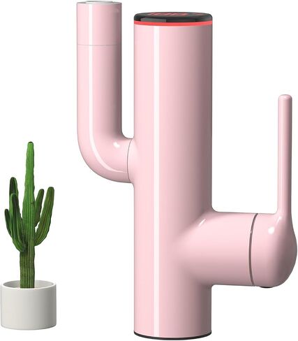 Bathroom Faucets, Cactus Design, Single-Hole with Water-Powered Temperature Indicator, 360° Rotatable Spout and 2 Flow Modes, Bath Sink Faucet with Supply Hoses, Green Painted in Saudi Arabia