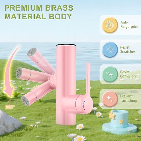 Bathroom Faucets, Cactus Design, Single-Hole with Water-Powered Temperature Indicator, 360° Rotatable Spout and 2 Flow Modes, Bath Sink Faucet with Supply Hoses, Green Painted in Saudi Arabia