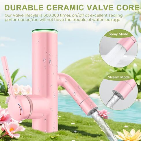 Bathroom Faucets, Cactus Design, Single-Hole with Water-Powered Temperature Indicator, 360° Rotatable Spout and 2 Flow Modes, Bath Sink Faucet with Supply Hoses, Green Painted in Saudi Arabia