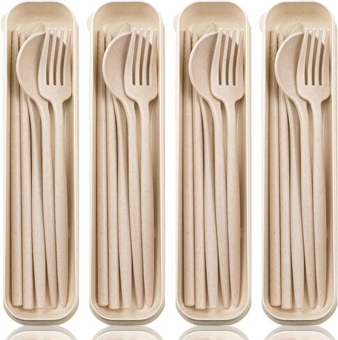 ELANE 4 Sets Reusable Travel Utensils Set with Case,Camping Cutlery Set Reusable Cutlery Set with Case,Utensil Sets for Lunch Picnic Daily Use Outdoor (beige) in Saudi Arabia