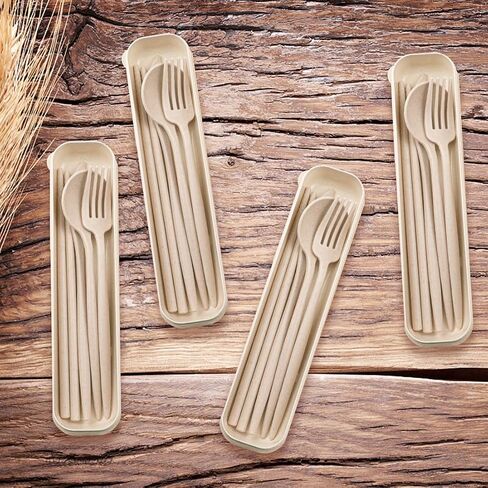 ELANE 4 Sets Reusable Travel Utensils Set with Case,Camping Cutlery Set Reusable Cutlery Set with Case,Utensil Sets for Lunch Picnic Daily Use Outdoor (beige) in Saudi Arabia