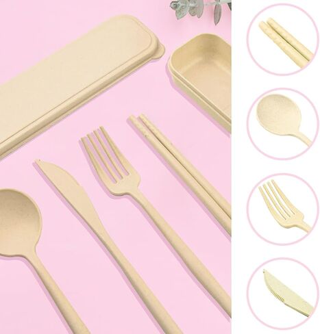 ELANE 4 Sets Reusable Travel Utensils Set with Case,Camping Cutlery Set Reusable Cutlery Set with Case,Utensil Sets for Lunch Picnic Daily Use Outdoor (beige) in Saudi Arabia
