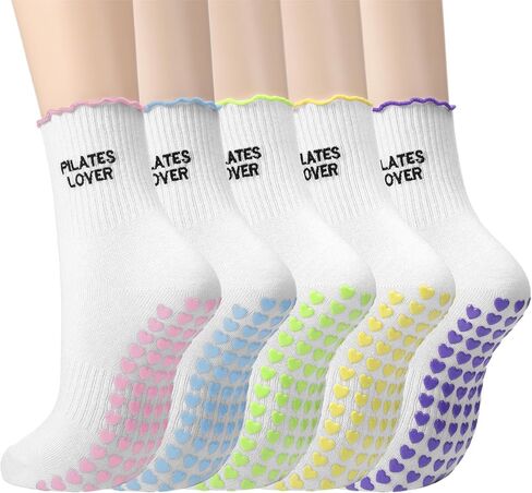 5 Paris Cute Pilates Grip Socks for Women Ruffle Embroidery Non Slip Cotton Yoga Socks for Ballet Barre Workout Hospital Pilates Lover Gifts in Saudi Arabia