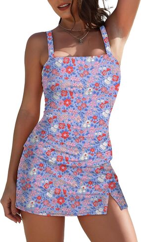 Women's Two Piece Tankini Sets Vintage Tummy Control Swimsuit Trendy Side Split Bathing Suit Push up Swimdress in Kuwait