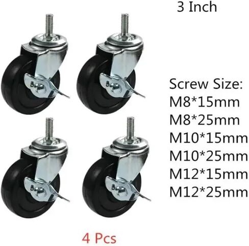 4Pcs 3 Inch Rubber Wheel M8/M10/M12 Universal Silent Caster(M8-15mm) in Saudi Arabia