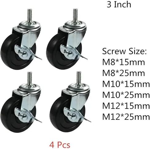 4Pcs 3 Inch Rubber Wheel M8/M10/M12 Universal Silent Caster(M8-15mm) in Saudi Arabia