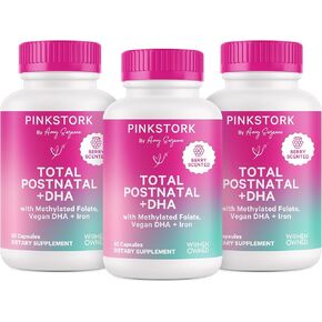 Pink Stork Total Postnatal Vitamins for Women with DHA, Iron, Folate, and Vitamin B12, Postpartum Recovery Essentials, Daily Postnatal Supplement for Breastfeeding Moms, 60 Capsules, 1 Month Supply in Saudi Arabia