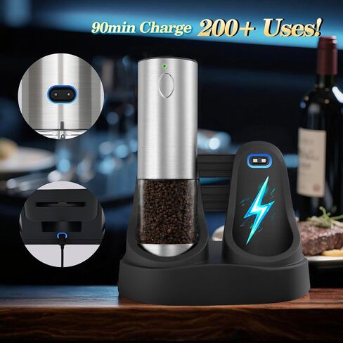 Electric Rechargeable Salt and Pepper Grinder Set - USB-C Charging Base, Large Capacity 100ml, Adjustable Coarseness, Stainless Steel Automatic (2 Pack) in Kuwait