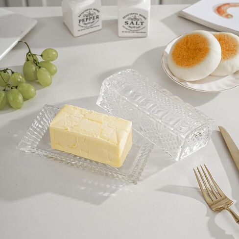 Glass Butter Dish with Lid,Large Deep Covered Butter Dish,Clear Crystal Glass Butter Container with Embossed Pattern for Countertop,Refrigerator,Dishwasher Safe in Saudi Arabia