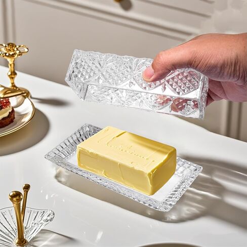 Glass Butter Dish with Lid,Large Deep Covered Butter Dish,Clear Crystal Glass Butter Container with Embossed Pattern for Countertop,Refrigerator,Dishwasher Safe in Saudi Arabia
