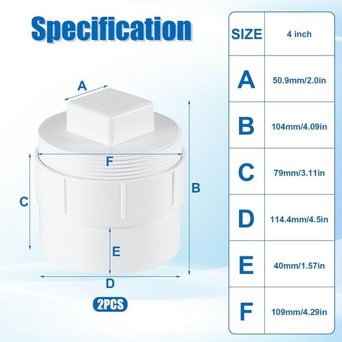 2pcs 4 "محول تنظيف الصرف الصحي PVC مع قابس ، غطاء تنظيف المجاري DWV ملولبة DWV لنظام أنبوب تصريف DWV 4" in Saudi Arabia