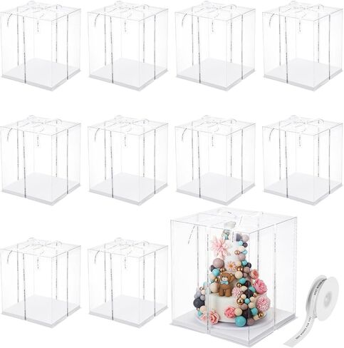 Maxdot 10 Pcs Transparent Tall Cake Boxes 13.4" x 13.4" x 16" Large Clear Cake Box with Ribbon Cake Carrier PET Wedding Cake Storage Container Gift Boxes for Party Birthday Dessert Display (Beige) in Saudi Arabia
