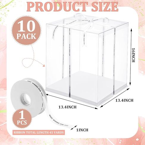 Maxdot 10 Pcs Transparent Tall Cake Boxes 13.4" x 13.4" x 16" Large Clear Cake Box with Ribbon Cake Carrier PET Wedding Cake Storage Container Gift Boxes for Party Birthday Dessert Display (Beige) in Saudi Arabia