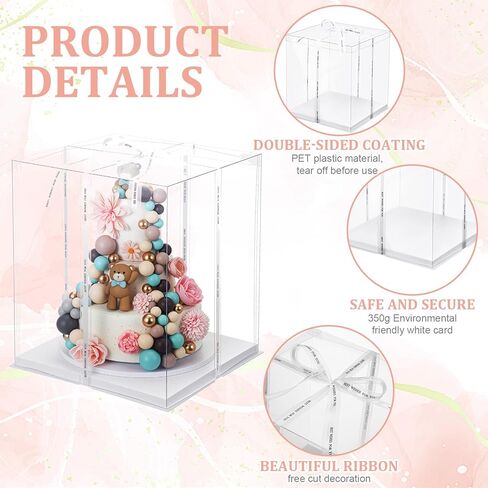Maxdot 10 Pcs Transparent Tall Cake Boxes 13.4" x 13.4" x 16" Large Clear Cake Box with Ribbon Cake Carrier PET Wedding Cake Storage Container Gift Boxes for Party Birthday Dessert Display (Beige) in Saudi Arabia