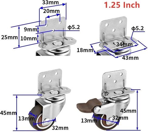 4Pcs 1/1.25/1.5/2 Inch L-Style Caster Side 90-Degree Right-Angle Splint Flower Frame Mute(4 Pcs Brake,2 Inch) in Saudi Arabia