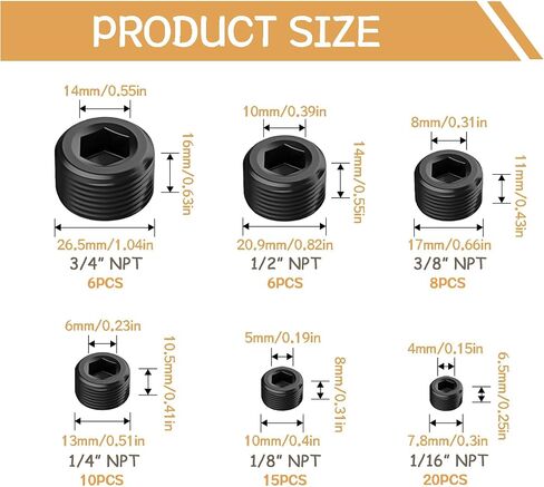 65pcs 6 حجم 1/16 "1/8" 1/4 "3/8" 1/2 "3/4" تجهيزات أنابيب NPT ، مجموعة مقبس أنابيب الصلب الأسود الكربوني DD032-65 in Kuwait