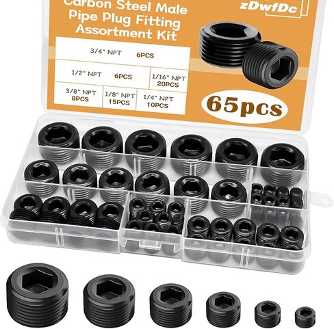 65pcs 6 حجم 1/16 "1/8" 1/4 "3/8" 1/2 "3/4" تجهيزات أنابيب NPT ، مجموعة مقبس أنابيب الصلب الأسود الكربوني DD032-65 in Kuwait