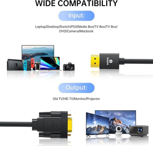 6ft HDMI to VGA Cable – 1080P HD Video Converter Cord for Laptop, TV Box, PS4, Monitor, Projector (Black, 1.8M) in Kuwait