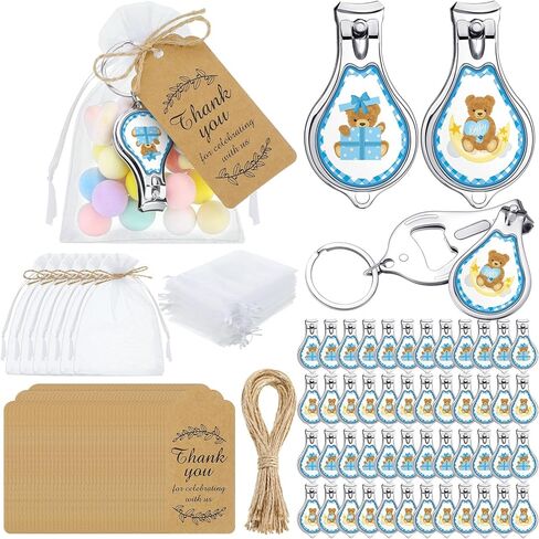 Minatee 50 Set Baby Shower Bottle Feater Favors Nail Clipper Bottle Bottion key -key -key -key -key -earmes شكرا لكم هدايا على جنس الضيف الكشف عن فافيس (الأوكالبتوس) in Kuwait
