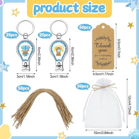 Minatee 50 Set Baby Shower Bottle Feater Favors Nail Clipper Bottle Bottion key -key -key -key -key -earmes شكرا لكم هدايا على جنس الضيف الكشف عن فافيس (الأوكالبتوس) in Kuwait