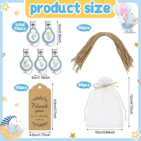 Minatee 50 Set Baby Shower Bottle Feater Favors Nail Clipper Bottle Bottion key -key -key -key -key -earmes شكرا لكم هدايا على جنس الضيف الكشف عن فافيس (الأوكالبتوس) in Kuwait