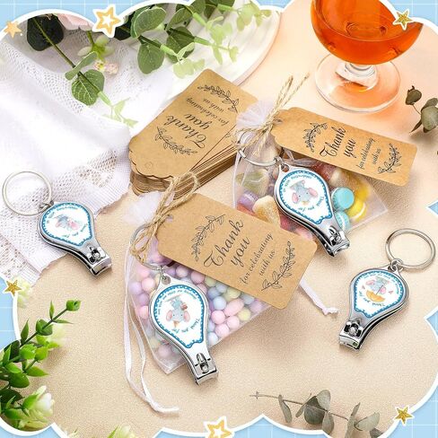 Minatee 50 Set Baby Shower Bottle Feater Favors Nail Clipper Bottle Bottion key -key -key -key -key -earmes شكرا لكم هدايا على جنس الضيف الكشف عن فافيس (الأوكالبتوس) in Kuwait