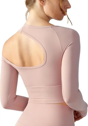Women Sexy Athletic T Shirts Scoop Neck Workout Crop Top Fashion Shoulder Back Designs Long Sleeve Yoga Top with Built in Bra in Saudi Arabia