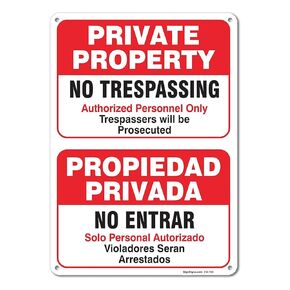 Private Property No Trespassing Sign, Authorized Personnel Only Bilingual, 10x14 Inches, Rust Free .040 Aluminum, Fade Resistant, Made in USA in Saudi Arabia